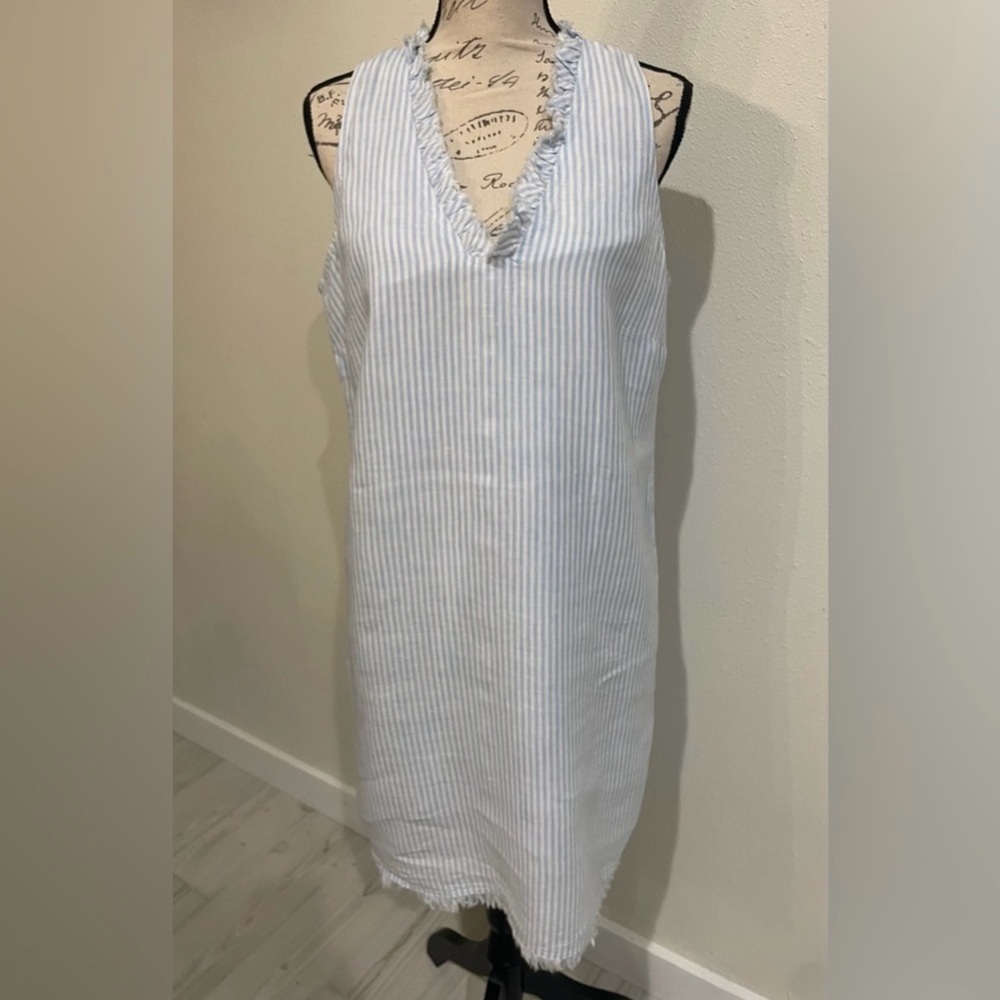 New Tommy Bahama Two Palms Mini Cabana Stripe Ruffle Linen Dress in Light Sky - Picture 4 of 10